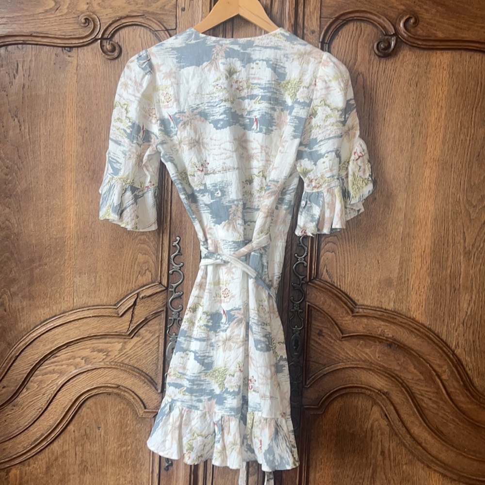 Reformation Pastel Floral Wrap Mini Dress in Cream, Light Blue and Pale Yellow - Picture 12 of 16